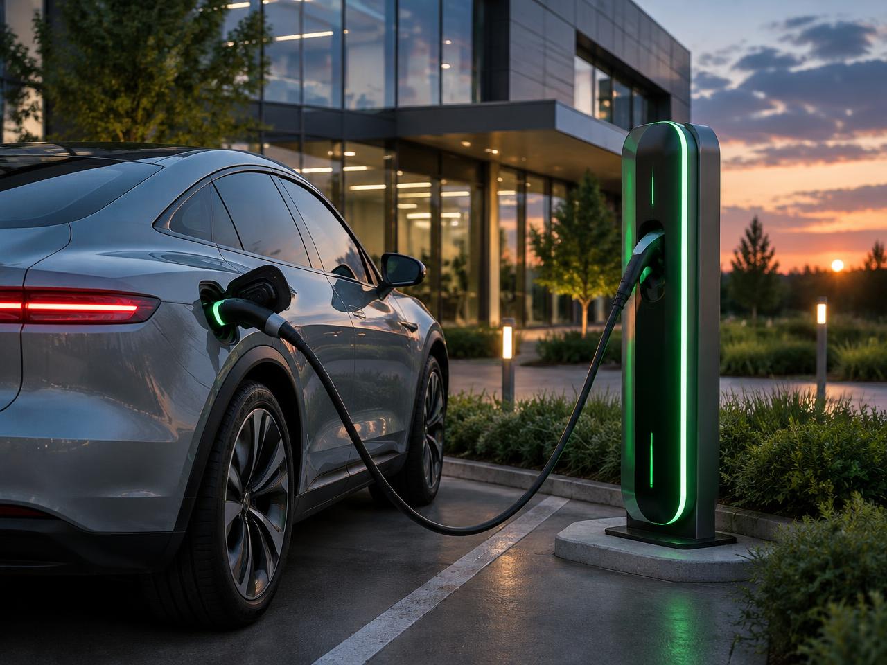 Veículo elétrico conectado a eletroposto em frente a estabelecimento comercial
