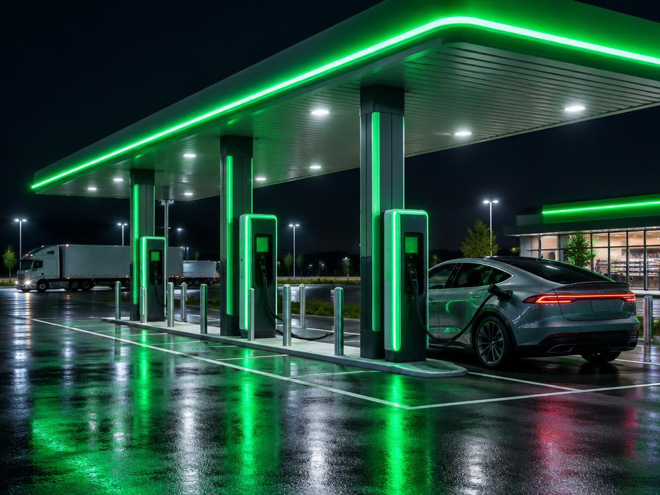 Eletroposto de carga ultrarrápida carregando veículo elétrico